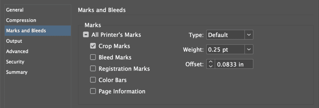 First Image (Marks and Bleeds Settings Panel): The settings panel for "Marks and Bleeds" in a design software (likely Adobe InDesign) showing options for printer's marks. The "Crop Marks" box is checked, while other options like "Bleed Marks," "Registration Marks," "Color Bars," and "Page Information" are unchecked. The crop mark weight is set to 0.25 pt, and the offset is set to 0.0833 inches. The "All Printer's Marks" option is available with a default type selected.